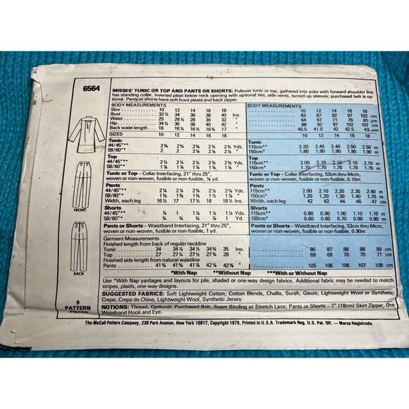 McCalls Pattern 6564 tunic top pants shorts 1970s size 10 bust 32 1/2 - Picture 3 of 5